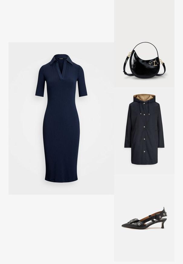 Marineblauer Regenmantel mit Kapuze, Druckknöpfen, zwei Taschen und einem kontrastierenden beigen Futter. Mit Kordelzügen und dezentem Logo auf der Brust.; Navyblaues Rippstrickkleid mit Kragen, kurzen Ärmeln und tailliertem Schnitt, der bis unter das Knie verläuft. Glatte Textur über das gesamte Kleid.; Schwarze Leder-Slingback-Schuhe mit spitz zulaufender Zehenpartie, dekorativen Schlaufen, einem niedrigen Kitten-Heel und ausgeschnittenem Seitendesign.; Schwarze Handtasche aus Lackleder in geschwungener Form, mit verstellbarem Trageriemen und goldfarbenen Hardware-Details an der Seite. Glatte, glänzende Textur.