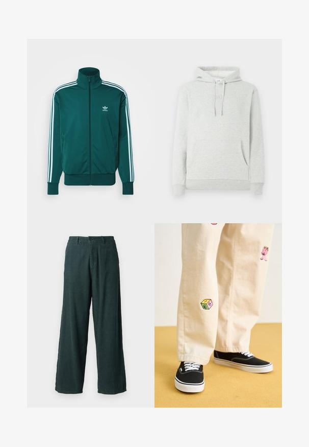 adidas Originals FIREBIRD TT - Chaqueta de entrenamiento - mineral green; Sudadera gris claro con capucha ajustable, bolsillo delantero, puños y dobladillo acanalados, y un sutil logo grabado en el pecho.; Pantalones de pana verdes de pierna ancha con corte recto; cuentan con un cierre de botón y dos bolsillos laterales. Tejido texturizado con relieve.; Pantalones de algodón beige con divertidos diseños bordados que incluyen un personaje rosa y un bloque de color, combinados con zapatillas negras de cordones.