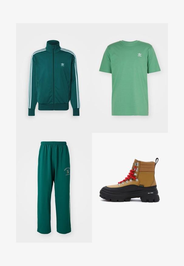 adidas Originals ADICOLOR CLASSICS FIREBIRD - Giacca sportiva - mineral green; adidas Originals TREFOIL ESSENTIALS - T-shirt con stampa - preloved green; Pantaloni sportivi verdi in tessuto liscio, con vita elastica, stampa del logo su un lato e strisce laterali bianche. Vestibilità regolare.; Stivaletto marrone e nero con lacci rossi, occhielli metallici, suola robusta e branding HydroGuard. Caratterizzato da una linguetta per un indossamento facile.