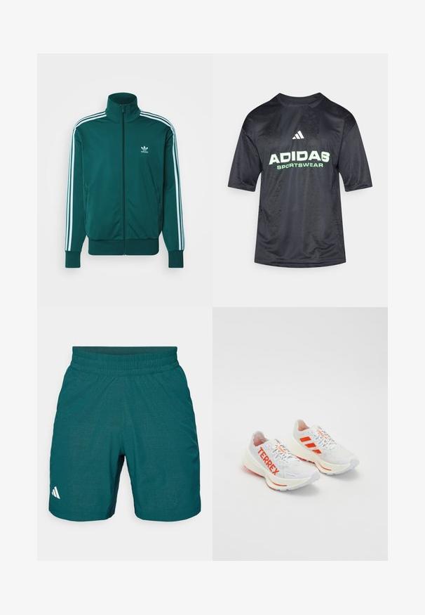 adidas Originals ADICOLOR CLASSICS FIREBIRD - Træningsjakke - mineral green; Sort kortærmet sportstrøje med et præget mønster, der har et stort grønt "ADIDAS" logo og teksten "SPORTSWEAR" nedenfor.; Teal træningsshorts lavet af letvægtsstof, med elastisk taljebånd, mønstret tekstur og et lille hvidt logo på venstre side.; Hvide sportssko med orange accenter, der har "TERREX" branding, en mesh-overdel, en polstret sål og en struktureret gummisål.