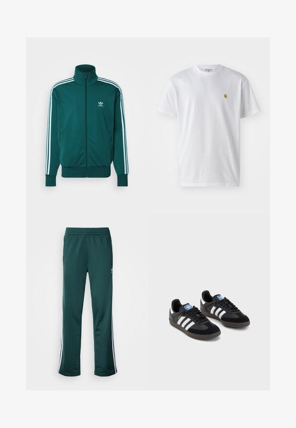 adidas Originals ADICOLOR CLASSICS FIREBIRD - Sportinė striukė - mineral green; Balta medvilnės marškinėliai su trumpomis rankovėmis, apvalia iškirpte, kuriuose kairėje krūtinės pusėje yra mažas auksinis logotipas. Minkšta tekstūra ir reguliari forma.; Tamsiai žali sportiniai keliai su tekstūruota medžiaga, elastingu juosmeniu ir baltomis šoninėmis juostelėmis. Logotipas išspausdintas arti viršutinio kairiojo priekinio krašto.; Juodi sportiniai bateliai su zomšos ir sintetine viršutine dalimi, turintys tris baltas juosteles, tekstūruotą gumos pado paviršių ir mėlyną logotipo etiketę ant liežuvėlio.