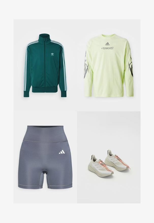 adidas Originals ADICOLOR CLASSICS FIREBIRD - Veste de survêtement - mineral green; Chemise à manches longues en tissu vert clair avec des motifs graphiques noirs sur les manches et du texte logo gris sur le devant. Col rond, coupe décontractée.; Shorts de sport gris avec une taille haute, fabriqués en tissu lisse. Présentent une double couture et un logo Adidas blanc sur le côté gauche.; Chaussures de sport de couleur claire avec une tige en tissu texturé blanc, des lacets orange et une semelle épaisse et rembourrée. Design à trois bandes sur le côté.