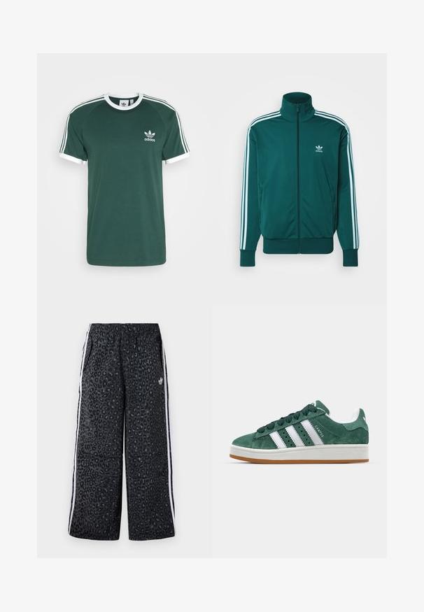 adidas Originals ADICOLOR CLASSICS FIREBIRD - Sportinė striukė - mineral green; Žalias medvilnės marškinėliai su baltais akcentais, su apvalia kaklo linija, trumpomis rankovėmis ir trimis baltomis juostelėmis palei pečius. Adidas logotipas ant krūtinės.; adidas Originals GRAPHIC UNISEX - Treningo apatinė dalis - black; Žalios zomšinės sportinės bateliai su baltomis odinėmis juostelėmis, guminėmis padangomis, paminkštintu kraštu ir minimalistiniu dizainu. Ant šono yra ženklas.