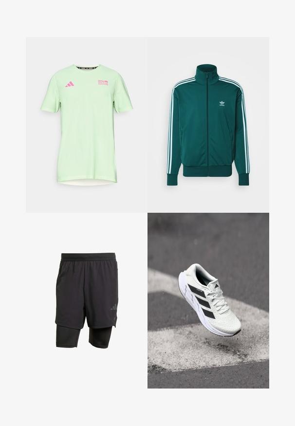 adidas Originals ADICOLOR CLASSICS FIREBIRD - Sportinė striukė - mineral green; adidas Performance BER25 TEE - Sportiniai marškinėliai trumpomis rankovėmis - semi green spark; Juodos sportinės šortai su integruota vidine dalimi, pagaminti iš kvėpuojančios medžiagos. Apsaugotas logotipas ir struktūrizuota tekstūra. Reguliuojamas juosmuo.; Balti sportiniai batai su tekstūruota tinkleliu viršuje, juodomis juostelėmis, su raištelių uždarymu ir paminkštintu padu, kabo virš pažymėtos kelio dangos.