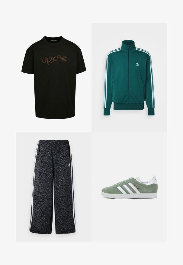 adidas Originals FIREBIRD UNISEX ciemnozielony; Czarna koszulka wykonana z bawełny, z brązowym nadrukowanym logo "UPDSCAPE" w stylu graffiti z przodu. Krótkie rękawy, okrągły dekolt.; adidas Originals UNISEX czarny; Zielone zamszowe sneakersy z białymi skórzanymi akcentami, z trzema białymi paskami, okrągłym czubkiem i teksturowaną gumową podeszwą. Złoty detal z logo.