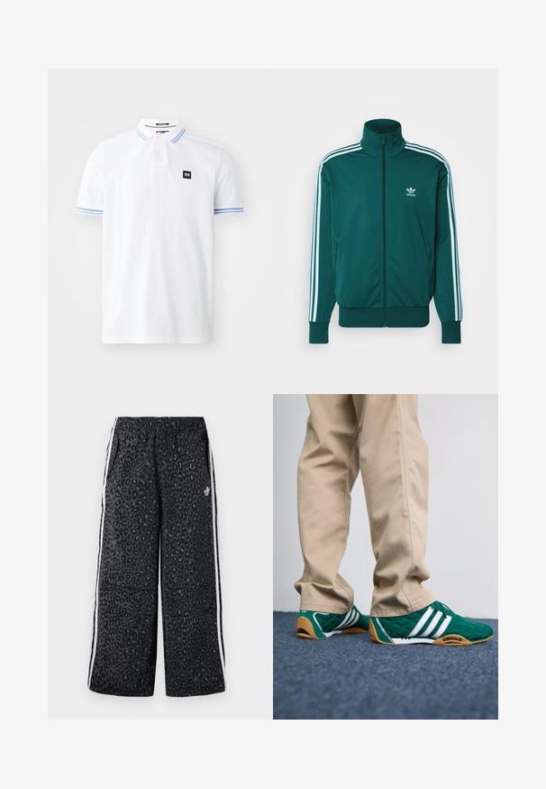 adidas Originals ADICOLOR CLASSICS FIREBIRD - Tréning dzseki - mineral green; Fehér pólóing, pamutból készült, három gombos nyakkal, kék csíkos díszítéssel az ujjakon, és egy kis fekete logóval.; adidas Originals GRAPHIC UNISEX - Tréningruha alsók - black; Zöld steppelt tornacipő fehér csíkokkal és barna gumitalppal, bézs nadrággal párosítva. A design alacsony profilú és texturált anyagú.