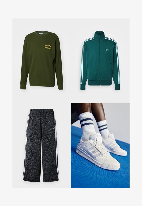 adidas Originals ADICOLOR CLASSICS FIREBIRD - Treniņjaka - mineral green; Olīvu zaļa ribota džemperis ar garām piedurknēm, apaļu kakla izgriezumu un dzeltenu izšūtu tekstu "CARNHART WIP BACK TO BASICS."; adidas Originals GRAPHIC UNISEX - Treniņtērpa apakšdaļas - black; Baltas ādas sneakeri ar perforētiem akcentiem, trim metāliskiem svītrām un strukturētu sānu paneļu. Valkāti ar baltiem zeķēm, uz kurām ir zilas svītras.