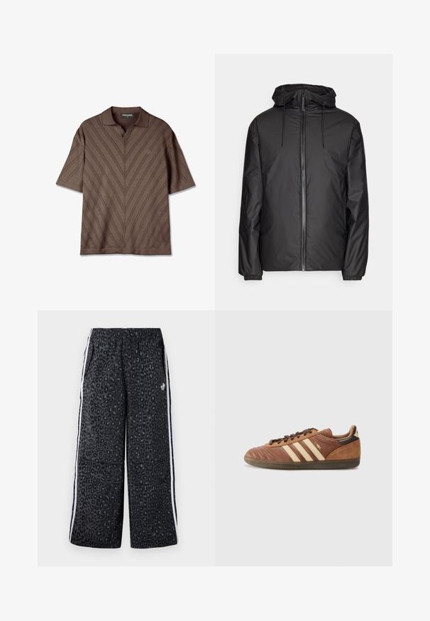 Casaco preto leve com capuz, fecho zip fronta, cordões e punhos elásticos. Tecido suave, resistente à água, sem padrões visíveis.; Camisa polo curta castanha com decote em V, apresentando um padrão texturizado em zigzag e um detalhe de logótipo subtil no peito.; adidas Originals GRAPHIC UNISEX - Calças de fato de treino - black; adidas Originals SAMBA UNISEX - Sapatilhas - preloved brown/sand strata/dark brown