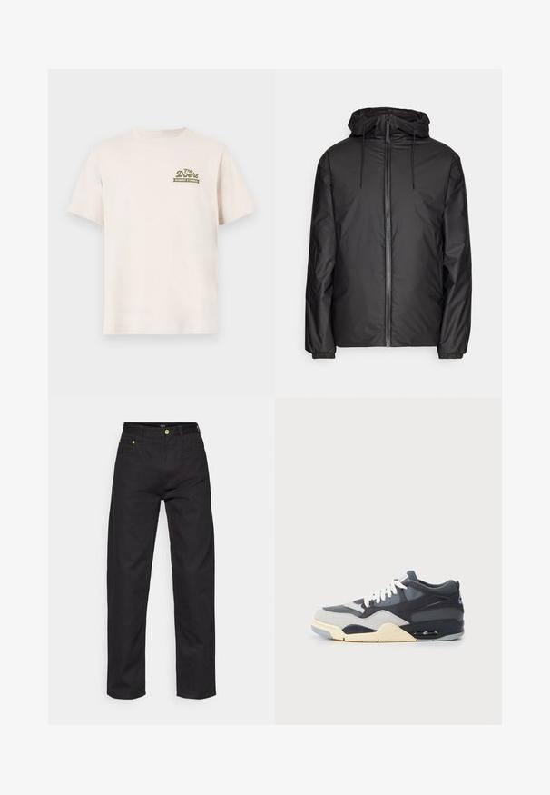 Schwarze, leichte Jacke mit Kapuze, Frontreißverschluss, Zugbändern und elastischen Bündchen. Glattes, wasserabweisendes Material ohne sichtbare Muster.; Cremefarbene Baumwoll-T-Shirt mit kurzen Ärmeln. Mit einem grünen Logotext "The Doors ELEMENT X TIMBER!" auf der linken Brustseite.; Schwarze Denim-Hosen mit geradem Schnitt, ausgestattet mit grünen Akzentknöpfen und klassischem Fünf-Taschen-Design. Glatte Textur, klassischer Stil.; Sneaker mit einem Obermaterial aus gemischten Materialien in Grau und Marineblau, gepolstertem Schuhsohle, weißen Schnürsenkeln und einem blauen Akzentlogo an der Ferse.