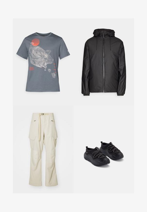 Sort, letvægtsjakke med hætte, frontlynlås, snoretræk og elastiske manchetter. Glat, vandafvisende stof uden synlige mønstre.; Grå bomulds-T-shirt med et topografisk design i hvid og en rød cirkel. Tekst i rød og hvid langs venstre side.; Beige cargo bukser med bred benvidde, bælte i taljen, to sidelommer og knælapper. Glat tekstur med forstærkede sømdetaljer.; Sorte sportsko med en tekstureret gummisål, polstret stoføvre, elastiske snørebånd og trækfliger ved hælen for nem påtagning.