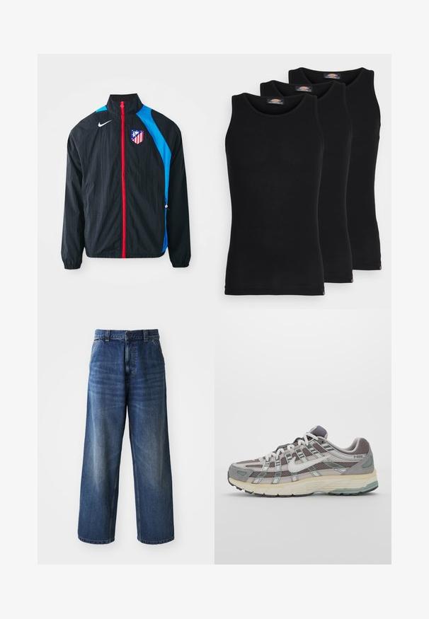 Svart vindjakke med blå detaljer, rød glidelås og Atlético Madrid-logo. Lett materiale, elastiske mansjetter og søm.; Sorte tanktopper i en pakke med tre. Ribbet tekstur, standard rund hals, uten ermer. Sømmen har en liten merkevarelogo nederst.; Høytlivs blå denim jeans med bred ben-design, med subtil falming, frontlommer og knappelukking i midjen.; Grå treningssko med overdel i nett og semsket skinn, hvite detaljer, en polstret såle, og et særpreget design med reflekterende elementer.