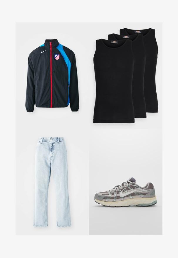 Musta tuulitakki sinisin yksityiskohdin, punaisella vetoketjulla ja Atlético Madridin logolla. Kevyt materiaali, elastiset hihansuut ja helma.; Mustat hihattomat t-paidat kolmessa paketissa. Ribbed-kudontaa, tavallinen crew-kaarroke, ilman hihoja. Helmaosa sisältää pienen brändilogon alareunassa.; Vaaleansiniset farkut, joissa on suora lahje, korkea vyötärö, viisi taskua ja nappikiinnitys. Haalistunut tekstuuri kauttaaltaan.; Harmaa urheilukenkä, jossa on verkko- ja mokkanahkainen yläosa, valkoiset yksityiskohdat, pehmustettu pohja ja erottuva muotoilu heijastavilla elementeillä.