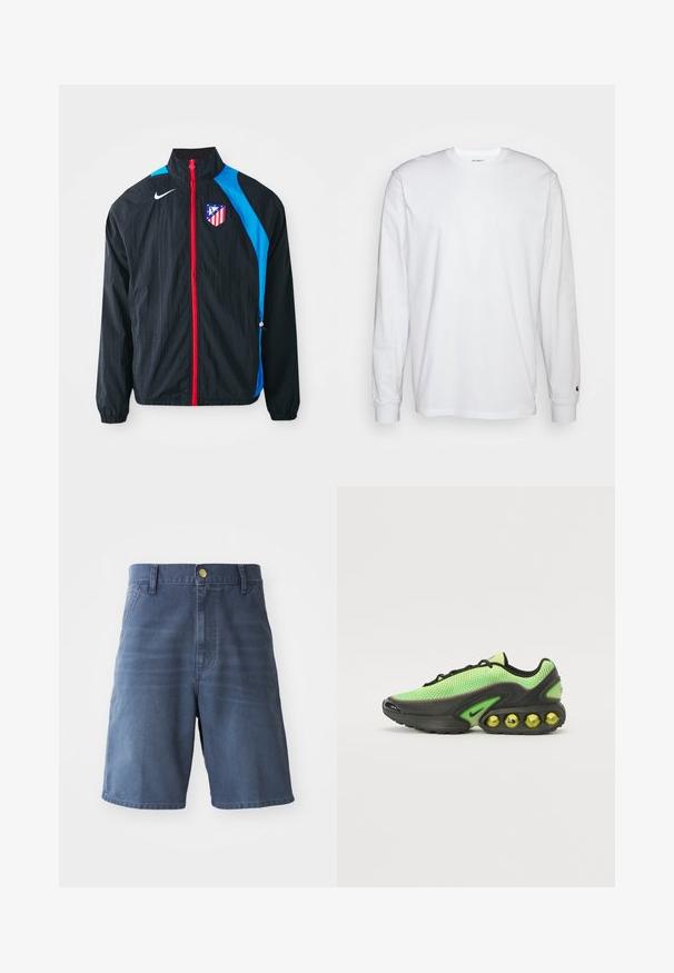Musta tuulitakki sinisin yksityiskohdin, punaisella vetoketjulla ja Atlético Madridin logolla. Kevyt materiaali, elastiset hihansuut ja helma.; Valkoinen pitkähihainen t-paita, joka on valmistettu puuvillasta. Pyöreä kaula-aukko, jossa on resorikujat ja pieni logo vasemmassa hihassa. Tasainen pinta.; Tummansiniset farkkushortsit, joissa on napin sulkeminen, vyölenkit ja kaksi etutaskua. Tasainen pinta ja suora leikkaus.; Nike lenkkarit, joissa on kirkkaan vihreä verkkomateriaali, mustat yksityiskohdat ja erottuva pohja, jossa näkyy keltaisia ilmailmakuplia.