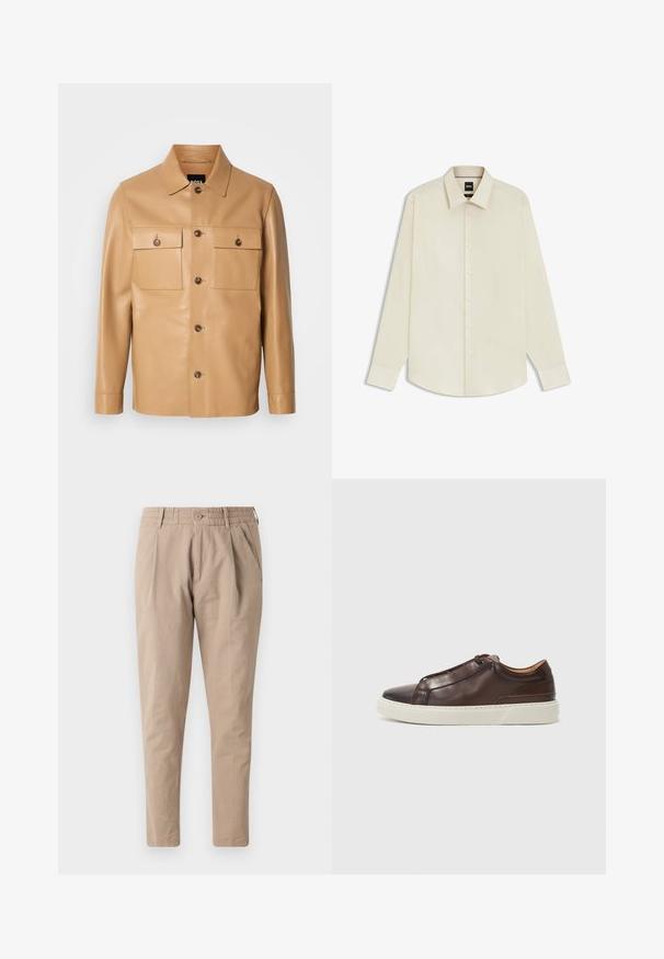 Tan leather jacket with a classic collar, two chest pockets, and button closures, featuring a smooth texture and straight cut sleeves.; BOSS JOE KENT - Formal shirt - open white eleven; Beige cotton trousers with a relaxed fit, elastic waistband, button closure, and side pockets. Smooth texture, tapered leg design.; Brown leather sneaker with a rounded toe, contrasting white rubber sole, stitched accents, and no visible laces. Smooth texture overall.