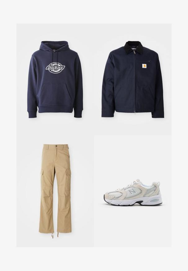 Tengerészkék vászonkabát fekete bordázott gallérral, cipzáros záródással, elülső zsebbel és logóval a bal mellkason.; Tengerészkék kapucnis pulóver pamut keverékből készült. Elöl zsebbel és húzózsinórral ellátott kapucnival rendelkezik. Fehér „Dickies” logo látható a mellkasán, kör alakú dizájnnal.; Tartós szövetből készült khaki cargo nadrág, több oldalsó zsebbel, egyenes lábbal és állítható húzózsinórral az alján.; Sportcipő, amely világosszürke hálós felsőrésszel és velúr részletekkel rendelkezik, fehér fűzőkkel és fekete gumitalppal. Kiemelkedő ABZORB párnázás részlet.