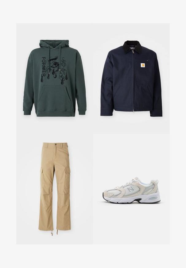 Ναυτικό μπλε jacket φτιαγμένο από κάνσα με μαύρο κοτλέ γιακά, κλείσιμο με φερμουάρ, μπροστινή τσέπη και λογότυπο στο αριστερό στήθος.; Σκούρο πράσινο φούτερ από μαλακό ύφασμα, με μπροστινή τσέπη, κουκούλα με κορδόνια και γραφικά κείμενα με σχέδιο ματιού και σταγόνες.; Ανοιχτό πράσινο κοντομάνικο μπλουζάκι από μαλακό ύφασμα, με τσέπη στο στήθος που φέρει ένα τετράγωνο λογότυπο. Απλός, χωρίς στολίδια σχεδιασμός.; Χακί cargo παντελόνι φτιαγμένο από ανθεκτικό ύφασμα, με πολλαπλές πλευρικές τσέπες, σχέδιο ίσιου ποδιού και ρυθμιζόμενα κορδόνια στο στρίφωμα.; Αθλητικό παπούτσι με ελαφρύ γκρι πλέγμα πάνω και σουέτ λεπτομέρειες, λευκά κορδόνια και μαύρη καουτσούκ σόλα. Σημαντική λεπτομέρεια απορρόφησης ABZORB.