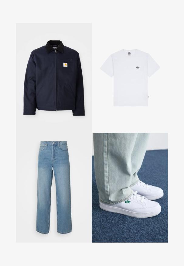 Veste bleu marine en toile avec un col en velours côtelé noir, fermeture éclair, poche avant et un patch logo sur la poitrine gauche.; T-shirt en coton blanc à manches courtes, portant un petit logo noir sur la poitrine et une étiquette dans le coin inférieur gauche.; Jeans en denim léger bleu clair taille haute avec des jambes droites, fermeture à bouton à l'avant et style à cinq poches sur fond uni.; Baskets en cuir blanc avec logo Nike vert, bout rond, semelle plate, associées à un pantalon en denim bleu clair, présentées sur un tapis bleu.