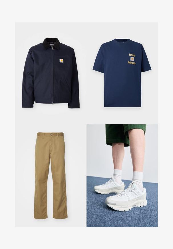 Marineblaue Jacke aus Segeltuch mit schwarzem Cordkragen, Reißverschluss, Fronttasche und Logopatch auf der linken Brust.; Marineblaue Baumwoll-T-Shirt mit kurzen Ärmeln, mit goldener Schrift "Carhartt University" und einem Logo-Patch auf der linken Brust.; Khaki Chinos mit geradem Bein, aus glattem Baumwollstoff gefertigt. Mit einer Knopfverschluss vorn und seitlichen Taschen.; Weiße Sportschuhe mit strukturierten Überzügen, einer dicken Sohle und grauen Akzenten. Tragen mit weißen Crew-Socken und grünen Shorts auf einer blauen Oberfläche.