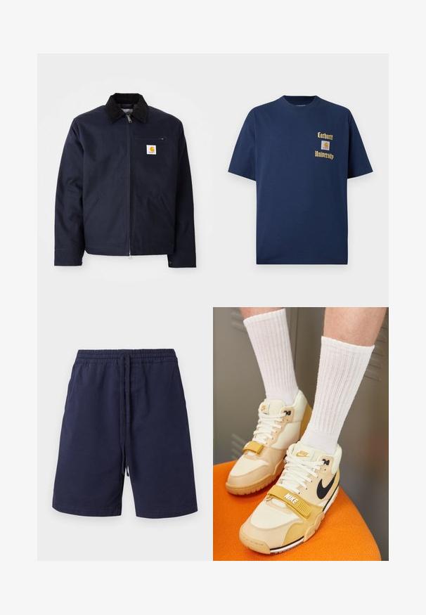Granatowa kurtka z kanwy z czarnym kołnierzem z sztruksu, zamek błyskawiczny, kieszeń z przodu i naszywka z logo na lewej piersi.; Granatowa bawełniana koszulka z krótkim rękawem, z złotym napisem "Carhartt University" oraz naszywką z logo na lewej piersi.; Granatowe szorty z bawełny, z elastycznym pasem z sznurkiem, kieszeniami po bokach oraz prostym krojem nogawek. Bez wzorów.; Nike obuwie sportowe w beżowej i kremowej skórze, z czarnym swooshem, białymi sznurowadłami, paskiem na rzep oraz teksturowaną gumową podeszwą.
