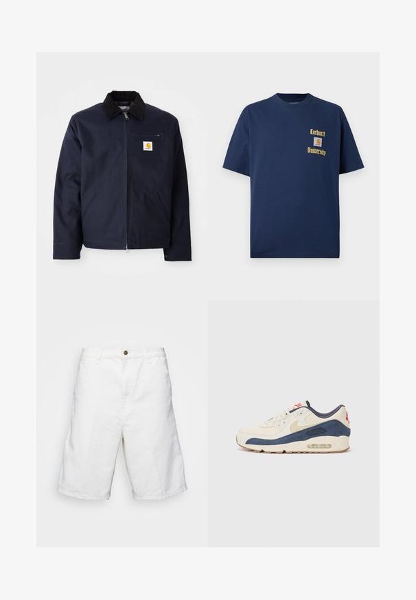 Marineblauwe jas van canvas met een zwart corduroy kraag, ritsluiting, een voorzak en een logo-opdruk op de linkerborst.; Marineblauwe katoenen T-shirt met korte mouwen, voorzien van gouden tekst "Carhartt University" en een logo-label op de linkerborst.; Witte katoenen shorts met een rechte snit, voorzien van een knoopsluiting en riemlussen, een gladde textuur en een knielange design.; Sneakers met een crème leren en marineblauwe suède bovenkant, voorzien van een zichtbare luchtzool, beige rubberen buitenzool en een rode accent op de hiel.
