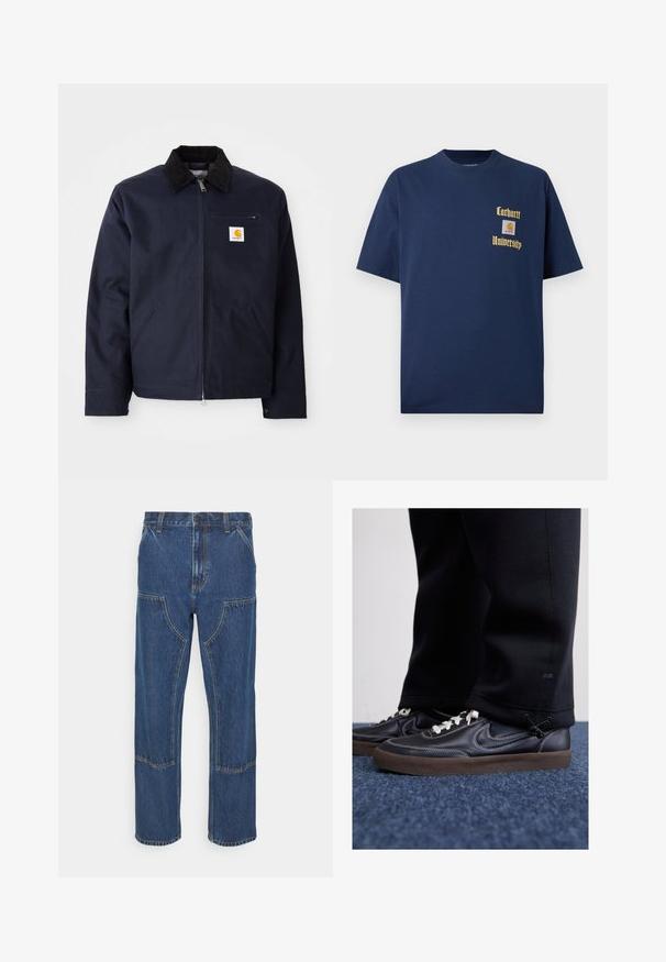 Casaco azul-marinho feito de lona, com gola de veludo cotelê preta, fecho com zíper, bolso frontal e patch de logo no lado esquerdo do peito.; T-shirt de algodão azul-marinho com mangas curtas, apresentando texto dourado "Carhartt University" e um emblema no lado esquerdo do peito.; Jeans de ganga azul com perna reta, bolsos frontais de remendo e costuras contrastantes. O tecido tem uma textura e acabamento clássicos.; Nike Sportswear KILLSHOT 2 LTR PRM OPP2 - Sapatilhas - black sail baroque brown mtlc dk grey