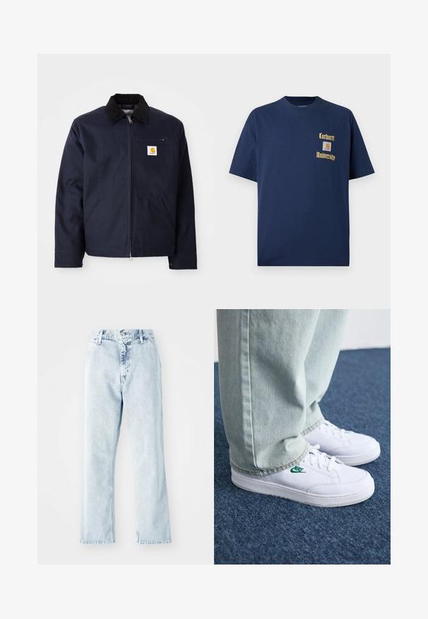 Casaco azul-marinho feito de lona, com gola de veludo cotelê preta, fecho com zíper, bolso frontal e patch de logo no lado esquerdo do peito.; T-shirt de algodão azul-marinho com mangas curtas, apresentando texto dourado "Carhartt University" e um emblema no lado esquerdo do peito.; Jeans de ganga de cor azul clara com um corte de perna reta, apresentando uma cintura alta, cinco bolsos e um fecho de botão. Textura desbotada por todo o tecido.; Tênis de couro brancos com logo verde da Nike, bico redondo, sola plana, combinados com calças de denim azul claro, exibidos sobre um tapete azul.