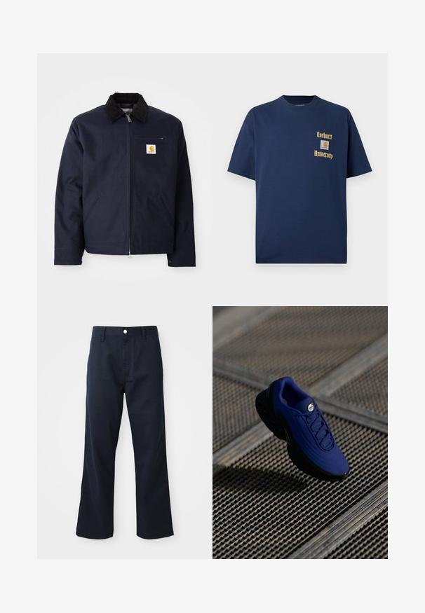 Veste bleu marine en toile avec un col en velours côtelé noir, fermeture éclair, poche avant et un patch logo sur la poitrine gauche.; T-shirt en coton bleu marine à manches courtes, avec le texte doré "Carhartt University" et un écusson logo sur la poitrine gauche.; Pantalon en coton bleu marine avec une coupe droite, doté d'une fermeture éclair, d'un bouton, et de poches avant. Texture lisse et finition soignée.; Baskets de sport bleues avec une tige texturée, semelle noire et lacets. Présente un logo "air" sur la languette et des éléments de rembourrage à air visibles.