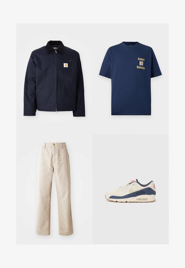Navy blue jacket made of canvas with a black corduroy collar, zip closure, front pocket, and logo patch on left chest.; Navy blue cotton t-shirt with short sleeves, featuring gold text "Carhartt University" and a logo patch on the left chest.; Beige cotton wide-leg trousers with a smooth texture, front button closure, belt loops, and two side pockets.; Sneakers with a cream leather and navy suede upper, featuring a visible air sole, beige rubber outsole, and red accent on the heel.