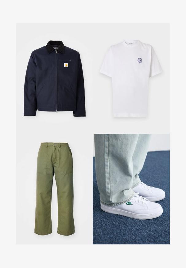 Giacca blu navy in tela con colletto in velluto a coste nero, chiusura con zip, tasca frontale e patch logo sul lato sinistro del petto.; Maglietta bianca in cotone con maniche corte, scollo rotondo e un piccolo logo "C" blu ricamato sul lato sinistro del petto.; Pantaloni a gamba larga verde oliva realizzati in tessuto robusto, dotati di zip frontale, tasche anteriori e semplici dettagli di cucitura.; Sneakers in pelle bianca con logo Nike verde, punta rotonda, suola piatta, abbinati a pantaloni in denim azzurro, mostrati su un tappeto blu.