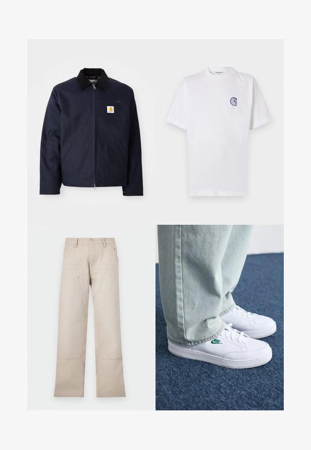 Marineblauwe jas van canvas met een zwart corduroy kraag, ritsluiting, een voorzak en een logo-opdruk op de linkerborst.; Wit katoenen T-shirt met korte mouwen, ronde hals en een klein, geborduurd blauw "C"-logo op het linker borstgebied.; Beige katoenen broek met een recht gesneden ontwerp, voorzien van twee voorkezen en twee ritssluitingen. Goudkleurige accenten benadrukken het geheel.; Witte leren sneakers met groen Nike-logo, ronde neus, platte zool, gedragen met lichtblauwe denim broek, weergegeven op een blauwe vloerkleed.