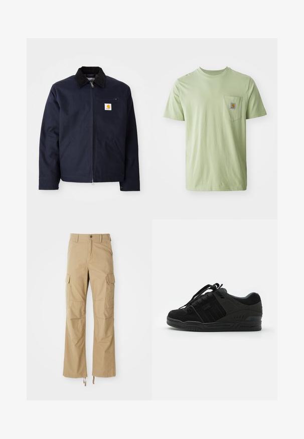 Veste bleu marine en toile avec un col en velours côtelé noir, fermeture éclair, poche avant et un patch logo sur la poitrine gauche.; T-shirt vert clair à manches courtes en tissu doux, comportant une poche poitrine avec une patch logo carré. Design simple et dépouillé.; Pantalons cargo kaki en tissu durable, dotés de plusieurs poches latérales, d'une coupe droite et de cordons de serrage réglables à l'ourlet.; Sneaker noir avec une tige en daim et textile, présentant des accents texturés, un col rembourré, des lacets et une semelle en caoutchouc avec un détail de logo.