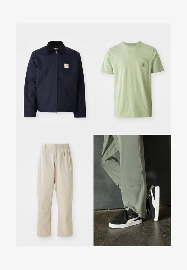 Jūras zila jaka, izgatavota no kanvas, ar melnu korduroja apkakli, ar rāvējslēdzēju, priekšējo kabatu un logotipa uzšuvumu kreisajā krūtī.; Gaiši zaļš īsās piedurknes T-krekls izgatavots no mīksta auduma, ar krūšu kabatu un kvadrātveida logo uzlīmi. Vienkāršs, nenogrozīts dizains.; Bežīgas, vieglas bikses ar brīvu piegriezumu, ar iepļautiem krokām priekšā, pogu aizdari un apstrādātiem malām. Gluda tekstūra, minimāls dizains.; Melnas zamšādas sporta kurpes ar baltām gumijas zole un sānu svītrām, saskaņotas ar gaiši zaļām cargo biksēm, stāvot uz teksturētas tumšas virsmas.