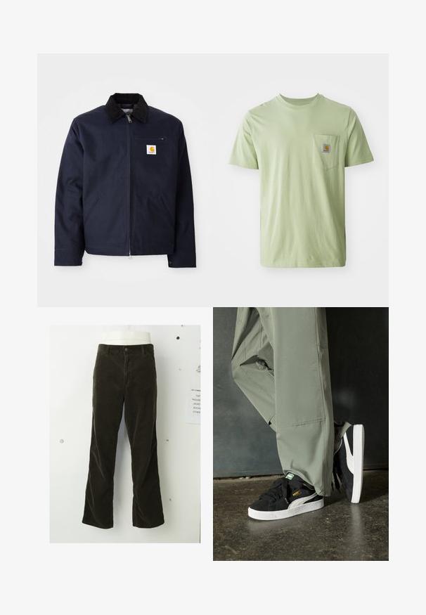 Námořnická modrá bunda z plátna s černým manšestrovým límcem, zapínání na zip, přední kapsa a logo na levé hrudi.; Světle zelené tričko s krátkým rukávem vyrobené z měkké látky, s náprsní kapsou a čtvercovým logem. Jednoduchý, nezdobený design.; Hnědé kordurové kalhoty mají rozšířený střih, vertikální proužkovanou texturu, zapínání na předním knoflíku a standardní kapsy.; Černé semišové tenisky s bílými gumovými podrážkami a bočními pruhy, spárované se světle zelenými cargo kalhotami, stojící na texturovaném tmavém povrchu.
