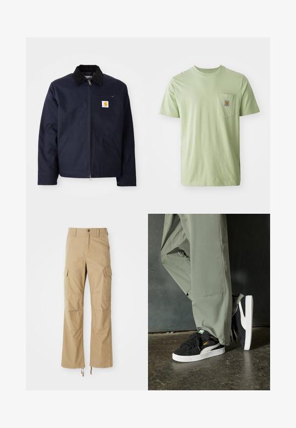 Merihenkinen sininen takki, joka on valmistettu kankaasta ja jossa on musta corduroy-kraavari, vetskarisulku, etutasku ja logopatchi vasemmassa rinnassa.; Vaaleanvihreä lyhythihainen t-paita, joka on valmistettu pehmeästä kankaasta ja jossa on rintatasku, jossa on neliölogo-ompelu. Yksinkertainen, koristelematon muotoilu.; Kaki cargo-housut, jotka on valmistettu kestävästä kankaasta, joissa on useita sivutaskuja, suorat lahkeet ja säädettävät nyörit lahkeensuissa.; Mustat mokkakengät, joissa on valkoiset kumipohjat ja sivuraitoja, yhdistettynä vaaleanvihreisiin cargo-housuihin, seisoen tummalla teksturoidulla pinnalla.