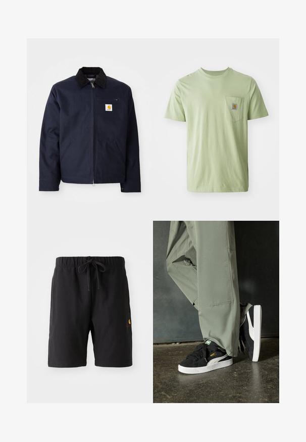 Giacca blu navy in tela con colletto in velluto a coste nero, chiusura con zip, tasca frontale e patch logo sul lato sinistro del petto.; T-shirt verde chiaro a maniche corte realizzato in tessuto morbido, con una tasca sul petto decorata da un'etichetta con logo quadrato. Design semplice e sobrio.; Pantaloni corti neri con vita elastica e cordino. Presentano una tasca laterale e un piccolo logo in rosso e giallo sul lato sinistro in basso.; Sneaker in suede nero con suole in gomma bianca e strisce laterali, abbinate a pantaloni cargo verde chiaro, in piedi su una superficie scura e texture.