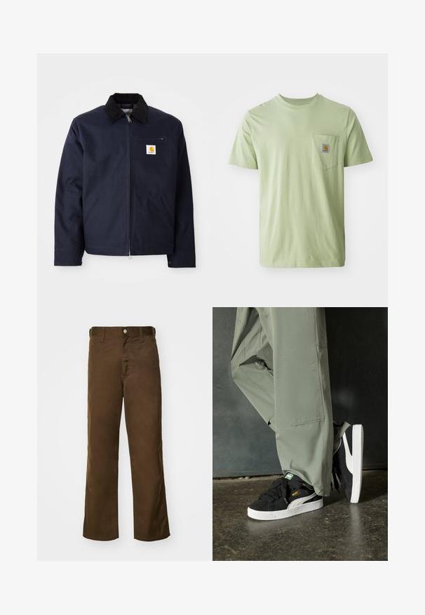 Navy blue jacket made of canvas with a black corduroy collar, zip closure, front pocket, and logo patch on left chest.; Light green short-sleeve t-shirt made of soft fabric, featuring a chest pocket with a square logo patch. Simple, unadorned design.; Brown, straight-leg pants made of soft fabric with a smooth texture, featuring a front button closure and classic belt loops.; Black suede sneakers with white rubber soles and side stripes, paired with light green cargo pants, standing on a textured dark surface.