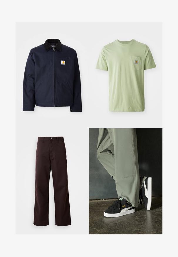 Veste bleu marine en toile avec un col en velours côtelé noir, fermeture éclair, poche avant et un patch logo sur la poitrine gauche.; T-shirt vert clair à manches courtes en tissu doux, comportant une poche poitrine avec une patch logo carré. Design simple et dépouillé.; Pantalons large en coton marron foncé, confectionnés dans un tissu résistant, avec une fermeture à boutons à l'avant et deux poches latérales. Texture lisse, design classique.; Baskets en daim noir avec des semelles en caoutchouc blanc et des rayures sur les côtés, associées à un pantalon cargo vert clair, posées sur une surface sombre texturée.