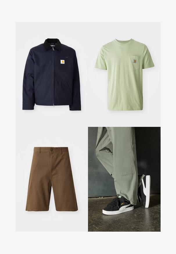 Marineblå jakke laget av lerret med krage i svart kordfløyel, glidelås foran, forlommer og logo-patch på venstre bryst.; Lys grønn t-skjorte med korte ermer laget av mykt stoff, med en brystlomme som har et kvadratisk logo-merke. Enkel, u dekorert design.; Brune bomullsshorts med rett snitt, som har foran knappelukking, belteholdere og sidelommer. Glatt tekstur og rene sømmer.; Sorte semskede sneakers med hvite gummisåler og sidestiper, sammen med lysegrønne cargo-bukser, står på en teksturert mørk overflate.