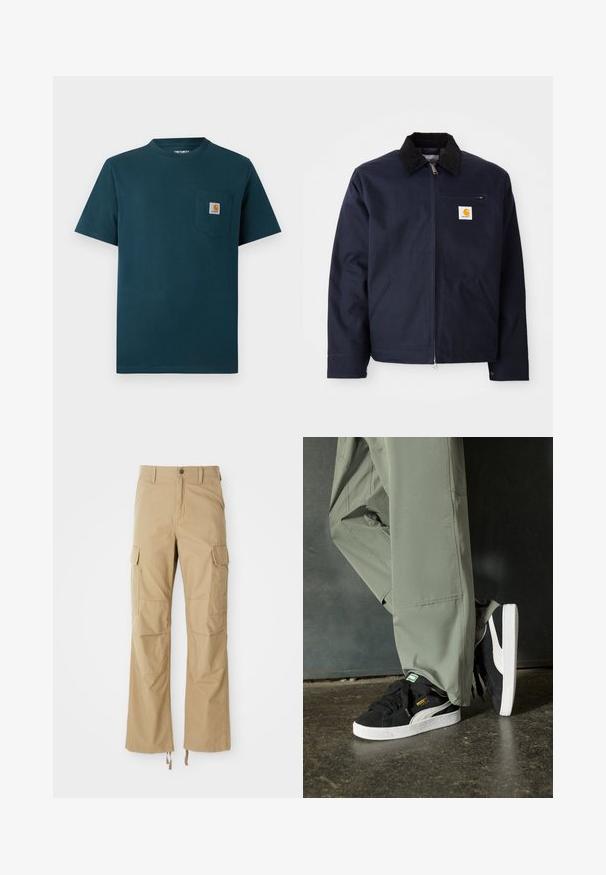 Navy blue jacket made of canvas with a black corduroy collar, zip closure, front pocket, and logo patch on left chest.; Dark teal short-sleeve crew neck T-shirt with a front chest pocket featuring a small Carhartt logo patch.; Khaki cargo pants made of durable fabric, featuring multiple side pockets, a straight leg design, and adjustable drawstrings at the hem.; Black suede sneakers with white rubber soles and side stripes, paired with light green cargo pants, standing on a textured dark surface.