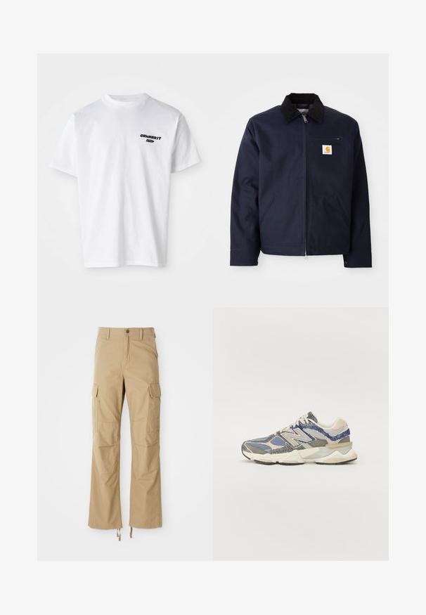 Tumed sinine keebus, mis on valmistatud kanvasest, musta kampsuni kraega, lukuga, ees taskuga ja logo plaastriga vasakul rinnal.; Valge puuvillane T-särk ümarate kaeluste ja lühikeste varrukatega. Vasakul rinnal must teksti logo. Lahtine lõige ja pehme tekstuur.; Khaki värvi cargo püksid, mis on valmistatud vastupidavast kangast, mitme küljetasku, sirge jala disaini ja reguleeritavate nööridega hemmi peal.; Hall ja sinine spordijalats, millel on tekstuuriga ülemine osa, sisaldades võrguga ja sünteetilisi materjale, turske tald ning valge ja beeži aktsent.