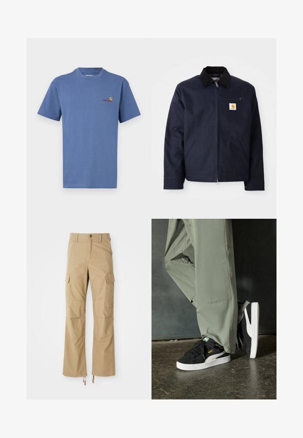 Tumed sinine keebus, mis on valmistatud kanvasest, musta kampsuni kraega, lukuga, ees taskuga ja logo plaastriga vasakul rinnal.; Sinine puuvillane T-särk ümarate kaelustega. Vasakpoolsel rinnal on väike punase ja kollase Carhartti logo. Lühikesed varrukad, sirge äärega.; Khaki värvi cargo püksid, mis on valmistatud vastupidavast kangast, mitme küljetasku, sirge jala disaini ja reguleeritavate nööridega hemmi peal.; Mustad nubukist spordijalatsid valgete kummist tallade ja külgriidega, koos heleda rohelise cargo-pükstega, seistes tekstureeritud tumedal pinnasel.