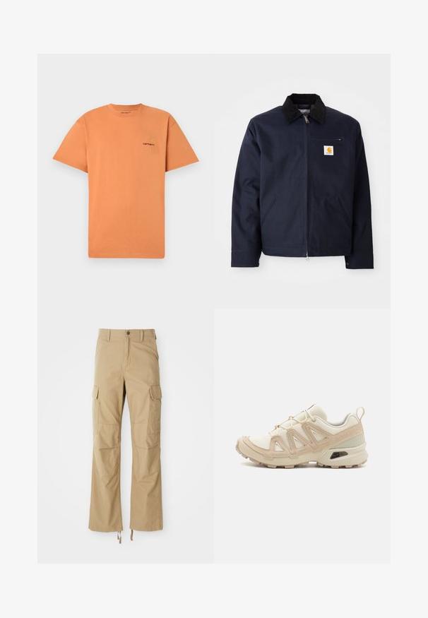 Navy blue jacket made of canvas with a black corduroy collar, zip closure, front pocket, and logo patch on left chest.; Orange cotton t-shirt with a crew neckline and short sleeves. Features a small embroidered Carhartt logo in red and yellow on the chest.; Khaki cargo pants made of durable fabric, featuring multiple side pockets, a straight leg design, and adjustable drawstrings at the hem.; Beige and cream athletic shoe with textured mesh upper, supportive overlays, and rubber outsole featuring a tread pattern for traction.