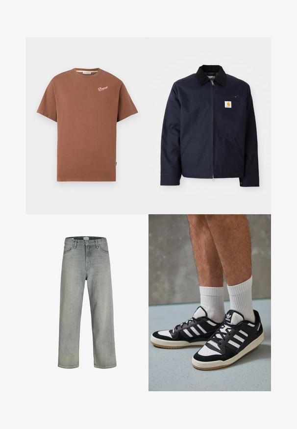 Jachetă albastru închis, din pânză, cu guler din catifea neagră, închidere cu fermoar, buzunar frontal și patch cu logo pe pieptul stâng.; Cămașă cu mânecă scurtă, de culoare maro, tip crewneck, cu logo-ul "Pompeii" în scris alb pe partea superioară stânga a pieptului.; Jeans decolorate, cu croială confortabilă, realizate din denim. Prezentă un design clasic cu cinci buzunare, bucle pentru curea și o siluetă dreaptă.; Adidași negri și albi cu un superior din suede și piele, prevăzuți cu trei dungi albe, un vârf perforat și o talpă din cauciuc caramel.