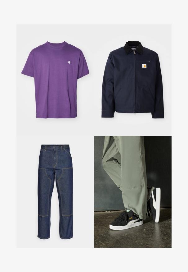 Tengerészkék vászonkabát fekete bordázott gallérral, cipzáros záródással, elülső zsebbel és logóval a bal mellkason.; Lila pamut póló rövid ujjal, kerek nyakkal, és egy kis fehér logóval a bal mellkas területén. Sima textúra, díszítés nélküli dizájn.; Sötétkék farmernadrág, magas derekú, egyenes szárú dizájnnal, kontrasztos varrással és elülső zsebekkel.; Fekete velúr sportcipők fehér gumitalppal és oldalsávokkal, világos zöld cargo nadrággal párosítva, egy textúrált sötét felületen állva.