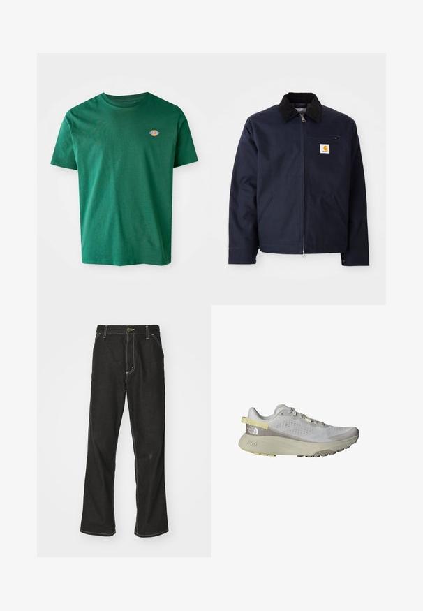 Ναυτικό μπλε jacket φτιαγμένο από κάνσα με μαύρο κοτλέ γιακά, κλείσιμο με φερμουάρ, μπροστινή τσέπη και λογότυπο στο αριστερό στήθος.; Πράσινη βαμβακερή μπλούζα με στρογγυλή λαιμόκοψη, κοντά μανίκια και ένα μικρό πολύχρωμο λογότυπο στο αριστερό στήθος. Μαλακή υφή, casual σχέδιο.; Μαύρα τζιν παντελόνια με χαλαρή εφαρμογή, που διαθέτουν λευκές ραφές σε αντίθεση, κλείσιμο με κουμπί και ίσια γραμμή.; The North Face ALTAMESA 300 - Παπούτσια για τρέξιμο σε μονοπάτια - glacier gray/soapstone