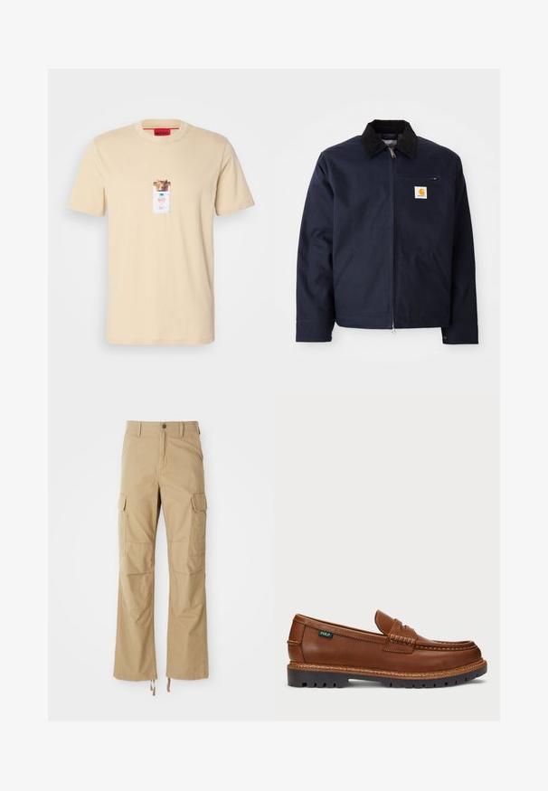 Granatowa kurtka z kanwy z czarnym kołnierzem z sztruksu, zamek błyskawiczny, kieszeń z przodu i naszywka z logo na lewej piersi.; Beżowa bawełniana koszulka z krótkim rękawem, z nadrukiem graficznym przypominającym kieszeń z lwem i logo na środku.; Khaki spodnie cargo wykonane z trwałego materiału, z wieloma kieszeniami bocznymi, prostą nogawką i regulowanymi sznurkami u dołu.; Brązowe skórzane mokasyny z dekoracyjnym przeszyciem i teksturowanym noskiem. Podeszwa ma wytrzymałą konstrukcję, zapewniającą przyczepność i trwałość.