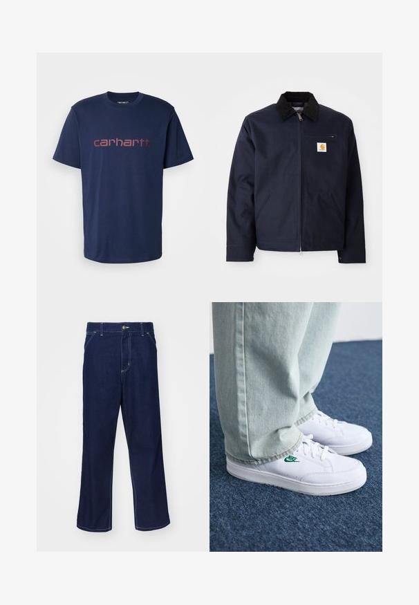 Navy blue jacket made of canvas with a black corduroy collar, zip closure, front pocket, and logo patch on left chest.; Carhartt WIP SCRIPT - Print T-shirt - air force blue/malbec; Dark blue denim trousers with a straight leg design, featuring light stitching details and a front button closure. Smooth texture.; White leather sneakers with green Nike logo, round toe, flat sole, paired with light blue denim pants, shown on a blue carpet.