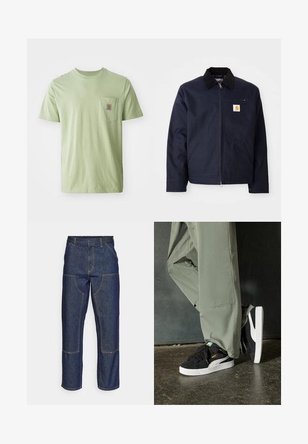 Tengerészkék vászonkabát fekete bordázott gallérral, cipzáros záródással, elülső zsebbel és logóval a bal mellkason.; Világoszöld, rövid ujjú póló, puha anyagból készült, mellzsebében négyzet alakú logóval. Egyszerű, díszítetlen dizájn.; Sötétkék farmernadrág, magas derekú, egyenes szárú dizájnnal, kontrasztos varrással és elülső zsebekkel.; Fekete velúr sportcipők fehér gumitalppal és oldalsávokkal, világos zöld cargo nadrággal párosítva, egy textúrált sötét felületen állva.