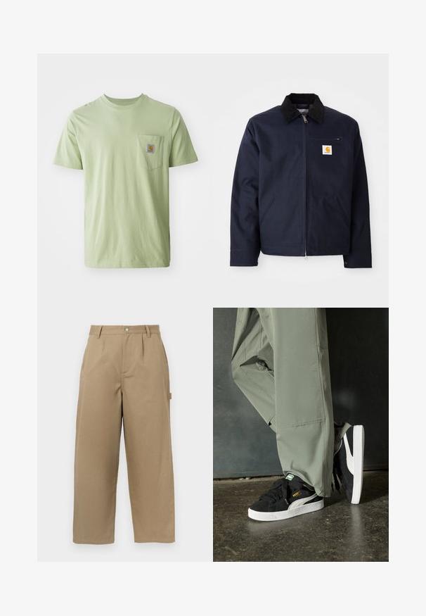 Tamsiai mėlynas džinsinis švarkas su juodu kašmyro apvadų, užtrauktuku, priekinėmis kišenėmis ir logotipo užtrauktuku kairėje krūtinės pusėje.; Šviesiai žalia trumpomis rankovėmis marškinėliai, pagaminti iš minkštos medžiagos, su krūtinės kišene, kurioje yra kvadratinis logotipo pleistras. Paprastas, be puošmenų dizainas.; Šviesiai rudos spalvos plačiakojos kelnės, pagamintos iš medvilnės mišinio, turinčios aukštą liemenį, priekyje raukšles ir dvi šonines kišenes su mygtuko uždarymu.; Juodi suede sportbačiai su baltais guminiais padais ir šoninėmis juostelėmis, derinami su šviesiai žaliais kargo kelnais, stovintys ant tekstūruoto tamsaus paviršiaus.