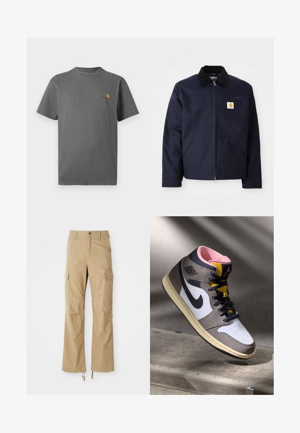 Marineblaue Jacke aus Segeltuch mit schwarzem Cordkragen, Reißverschluss, Fronttasche und Logopatch auf der linken Brust.; Graues T-Shirt mit kurzen Ärmeln aus Baumwolle; verfügt über ein dezentes Logo in Orange und Burgunderrot auf der Brust. Einfaches Rundhalsausschnitt-Design.; Khakifarbene Cargo-Hosen aus strapazierfähigem Material, mit mehreren Seitentaschen, geradem Bein-Design und verstellbaren Kordeln am Saum.; Hohe Nike Air Jordan Sneaker in Weiß, Grau und Schwarz mit pinkem Innenfutter und gelber Zunge, auf einer Betontfläche platziert.